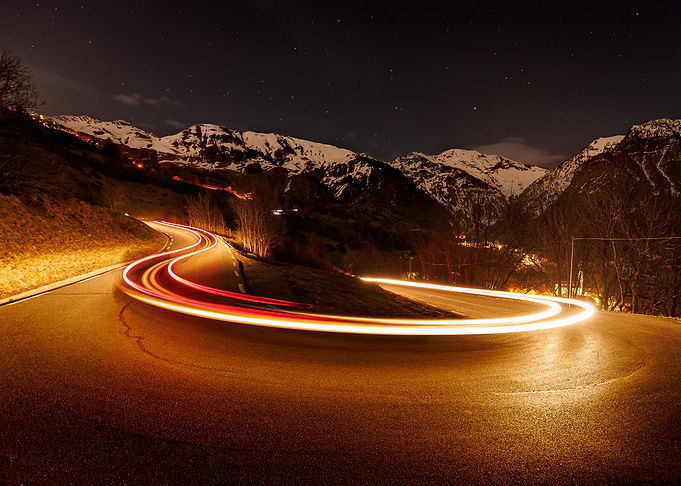 Winding Mountain Road at Night French Alpes