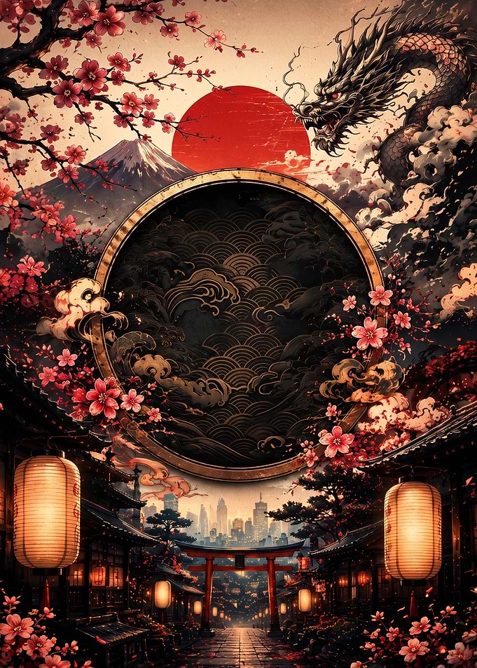 Japanese Dragon and Cherry Blossom Frame