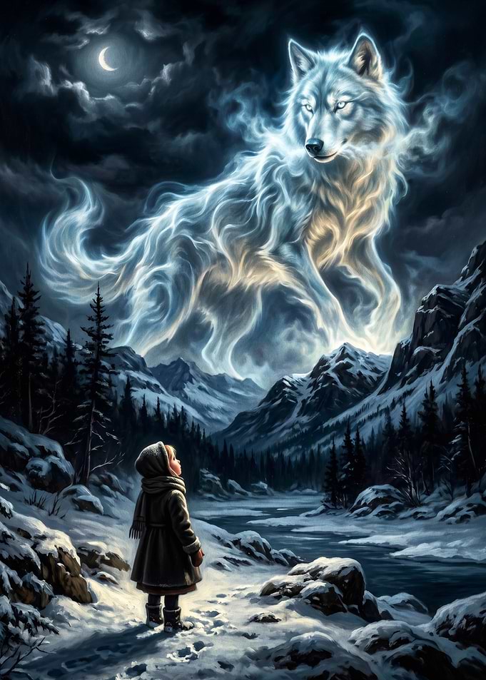Child Encountering a Spectral Wolf