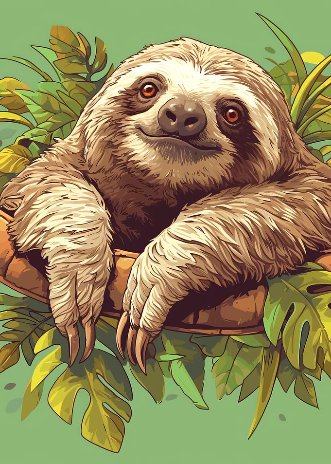 Smiling Sloth in Tropical Foliage