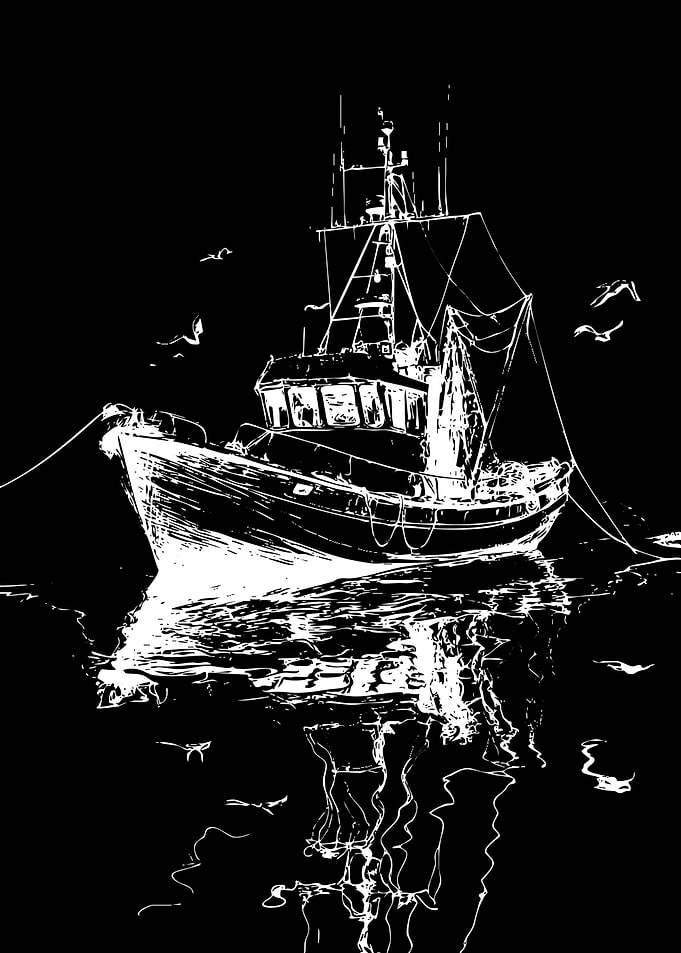 Minimalist White Line Art Fishing Boat
