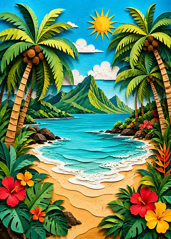 Tropical Paradise Lagoon Palm Trees Papercraft