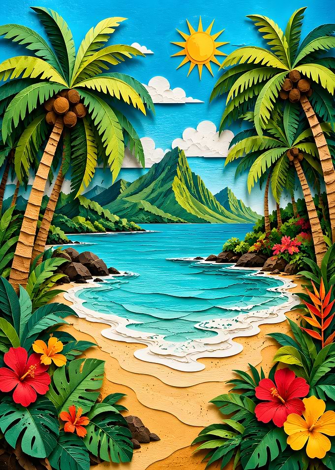 Tropical Paradise Lagoon Palm Trees Papercraft