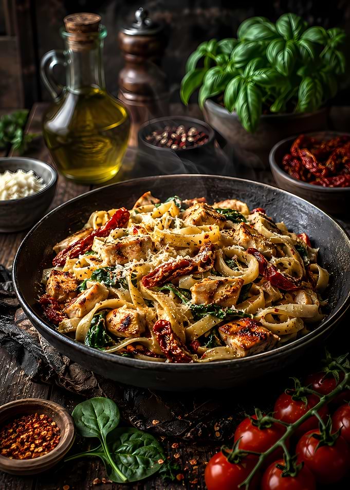 Steaming Chicken and Sun-Dried Tomato Pasta