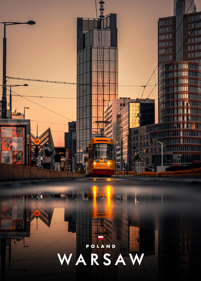 Warsaw Cityscape with Yellow Tram