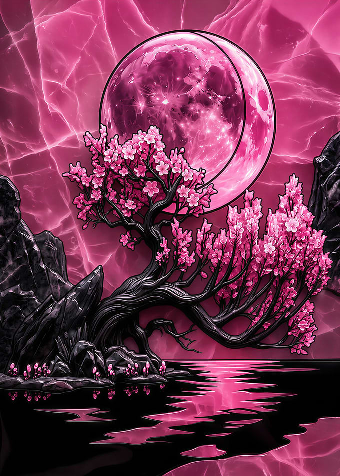 Pink Cherry Blossom Moon Landscape