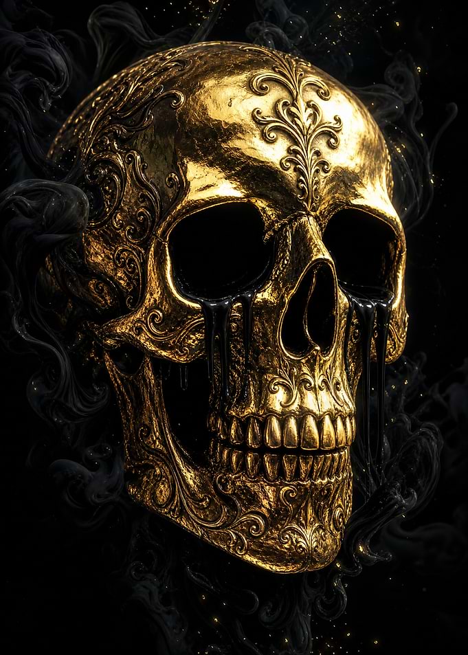 Ornate Golden Skull with Black Smoke