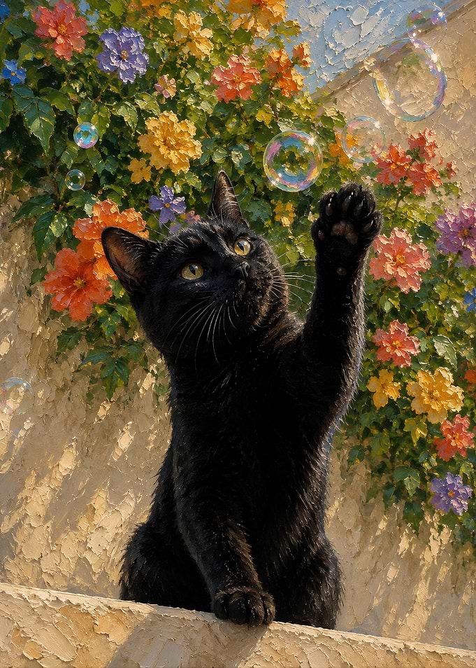Black Cat Playing with Bubbles