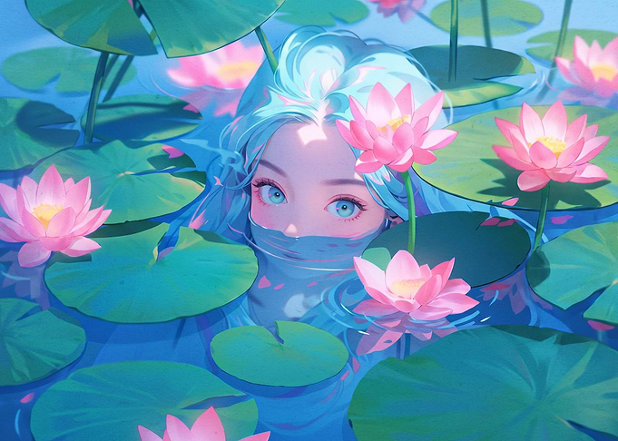 Anime Girl in Lotus Pond