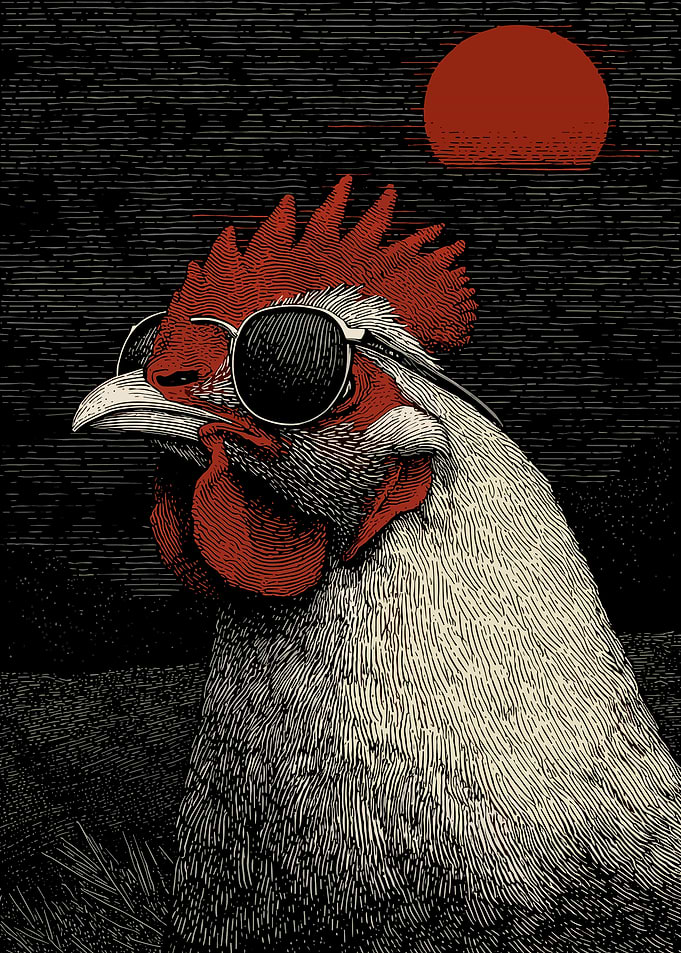 Cool Rooster with Sunglasses Vintage Woodcut Style Wall Art Poster