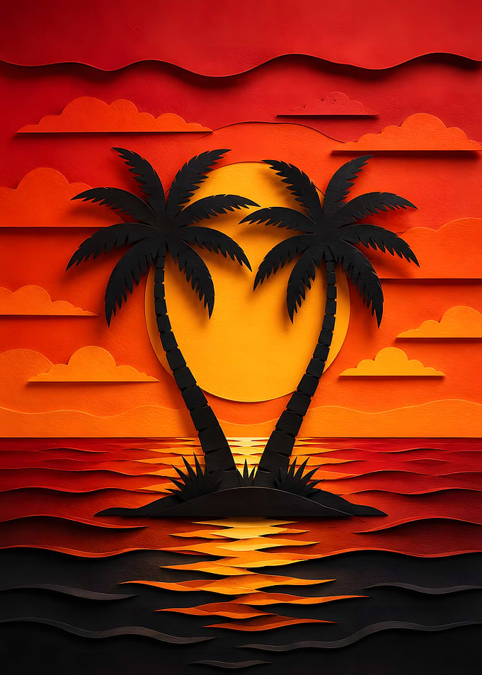 Sunset Palm Trees Silhouette Ocean Papercraft