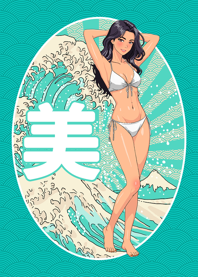 Anime Waifu Bikini Girl Great Wave Graphic