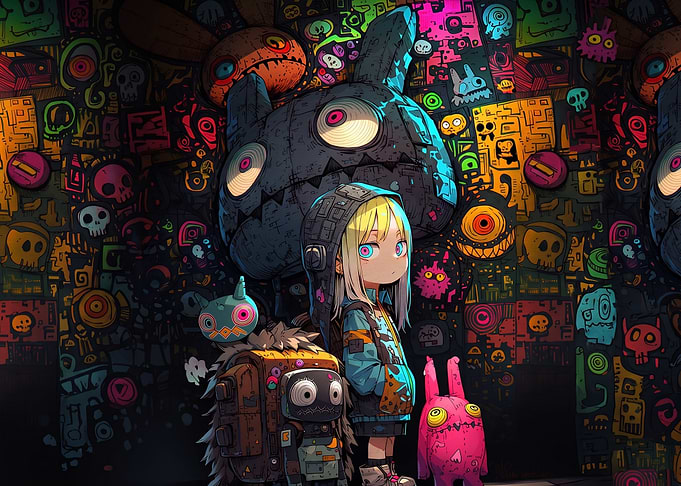 Anime Girl with Graffiti Monsters