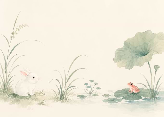 Watercolor Rabbit and Frog Pond Scene