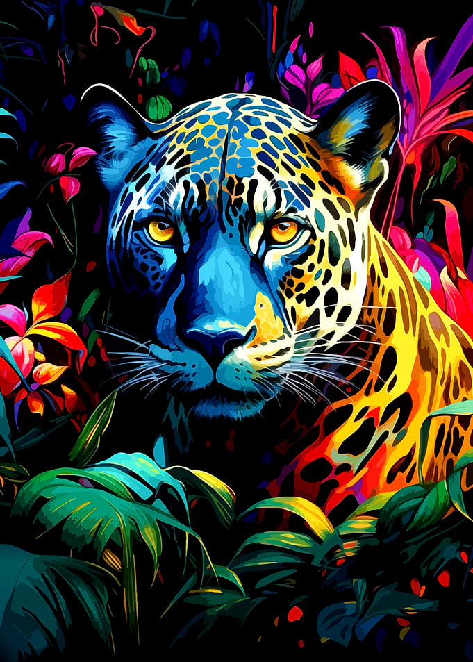Vibrant Neon Jungle Jaguar Portrait