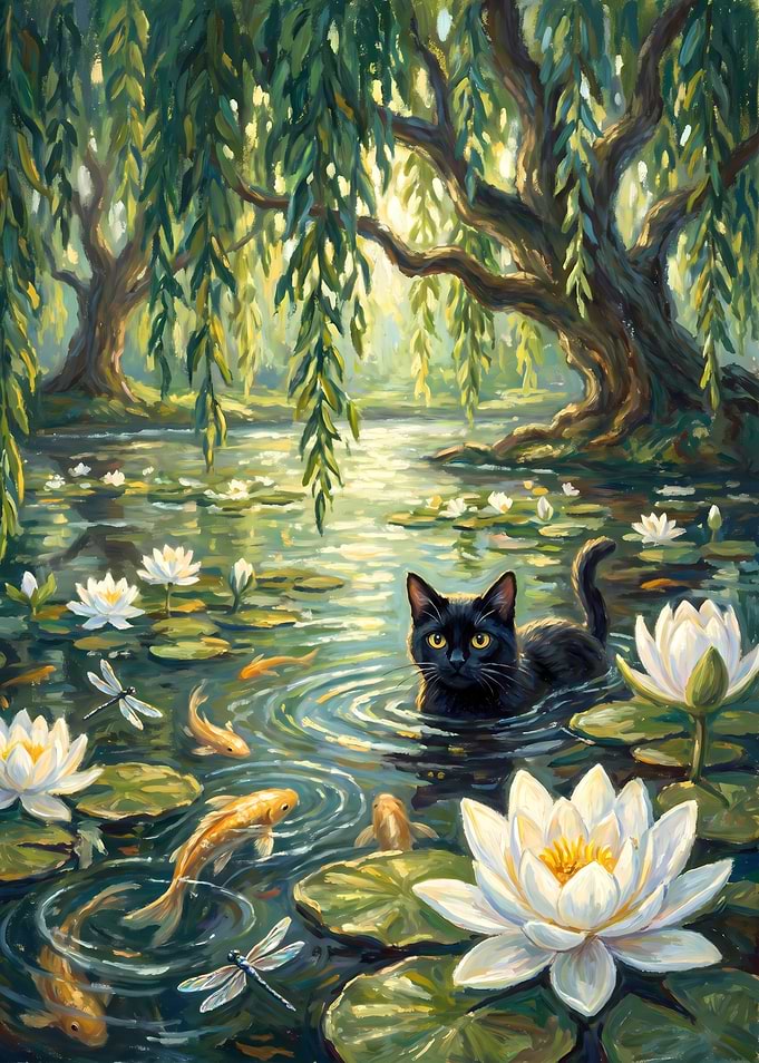Black Cat in Lily Pond