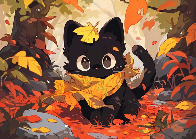 Cute Black Cat in Autumn Forest
