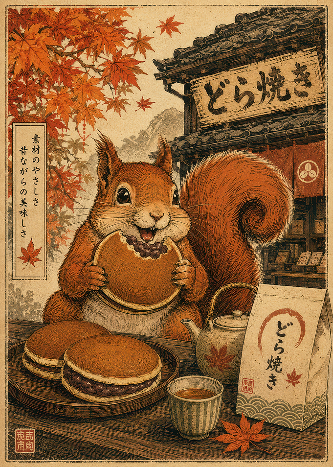 Squirrel Eating Dorayaki in Autumn