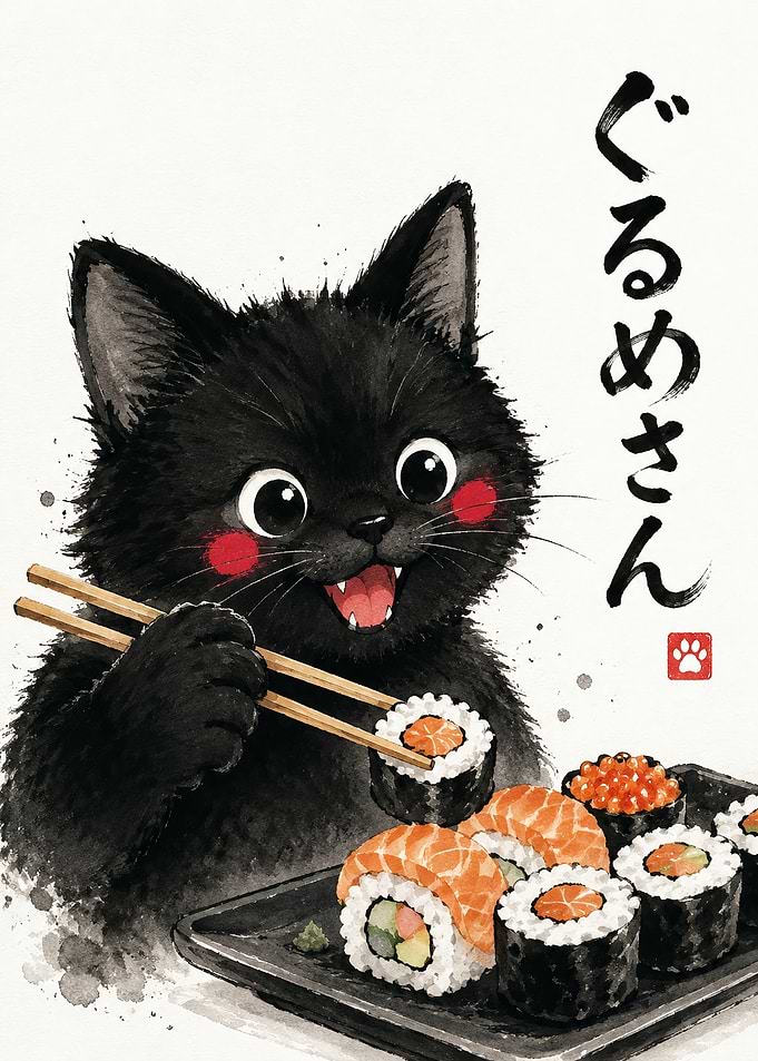 Cute Black Cat Eating Sushi