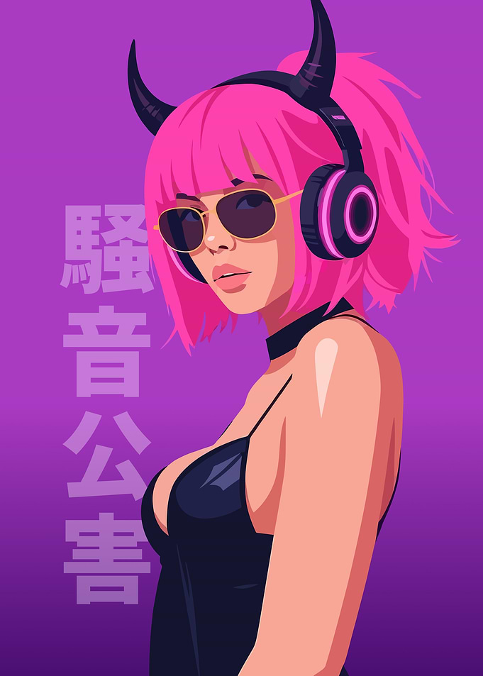 Pink Haired Demon DJ Girl Digital Art