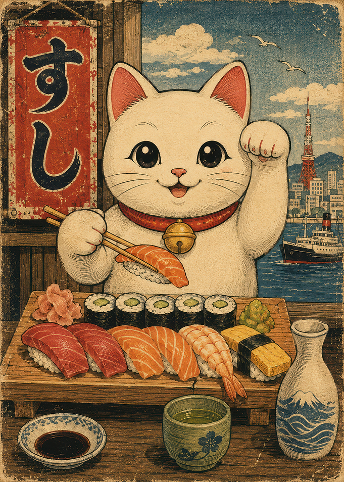 Lucky Cat Eating Sushi Poster