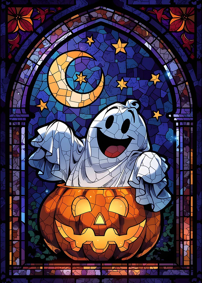 Stained Glass Halloween Ghost and Pumpkin