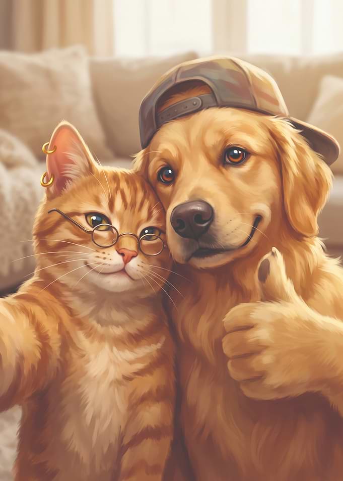 Golden Retriever and Cat Selfie