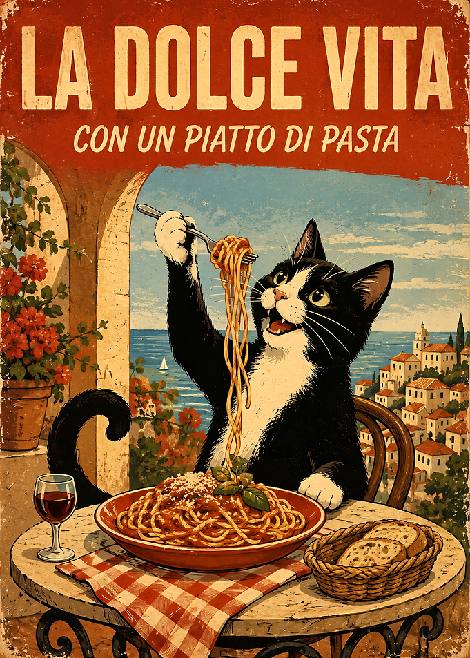 La Dolce Vita Pasta Cat Poster