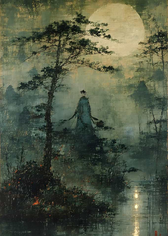 Ethereal Figure in Moonlit Forest