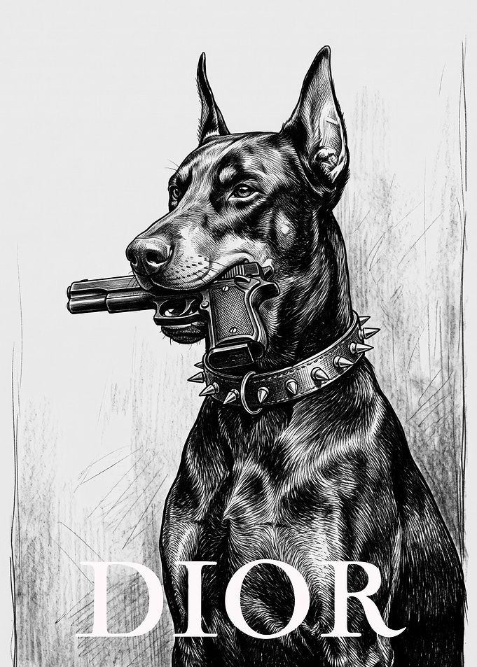 Doberman with Gun Dior Poster