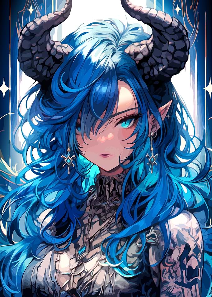 Blue Haired Demon Girl Portrait