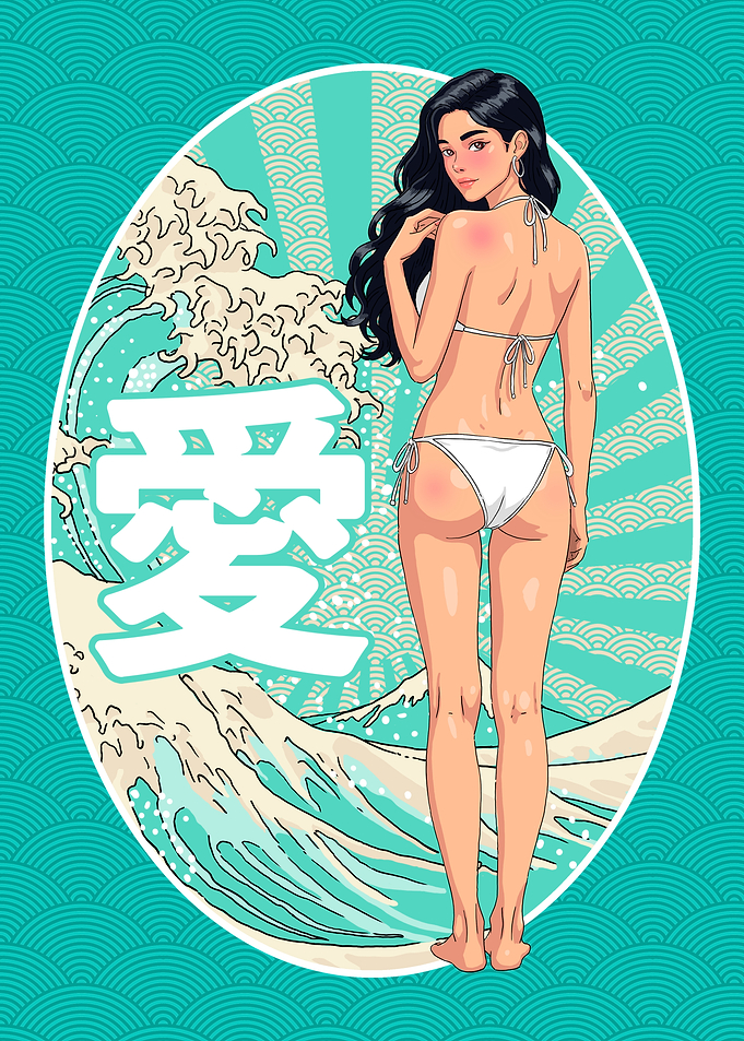 Anime Girl Waifu with Great Wave Art