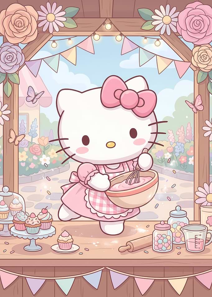 Hello Kitty Baking Cupcakes Illustration