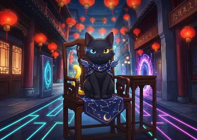 Magical Black Cat in Asian Street