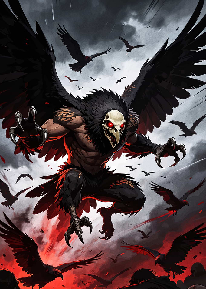 Menacing Bird-Humanoid Creature with Crows