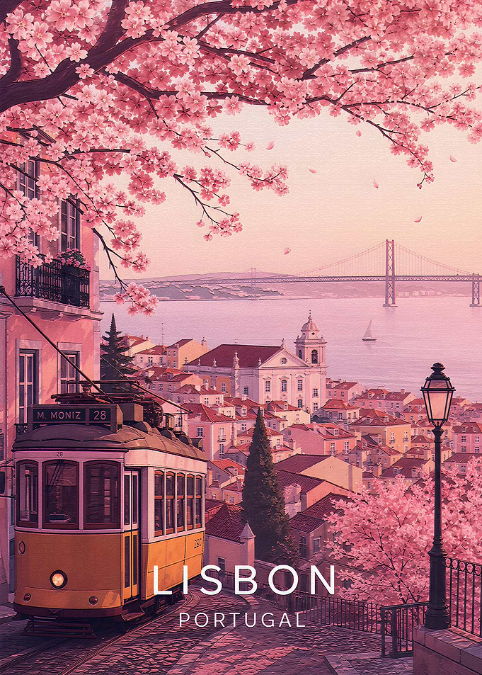 Lisbon Tram and Cherry Blossoms