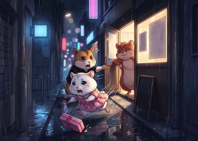 Hamsters in a Rainy City Alley