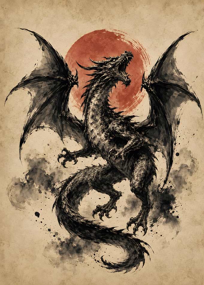 Roaring Mythical Dragon Crimson Sun