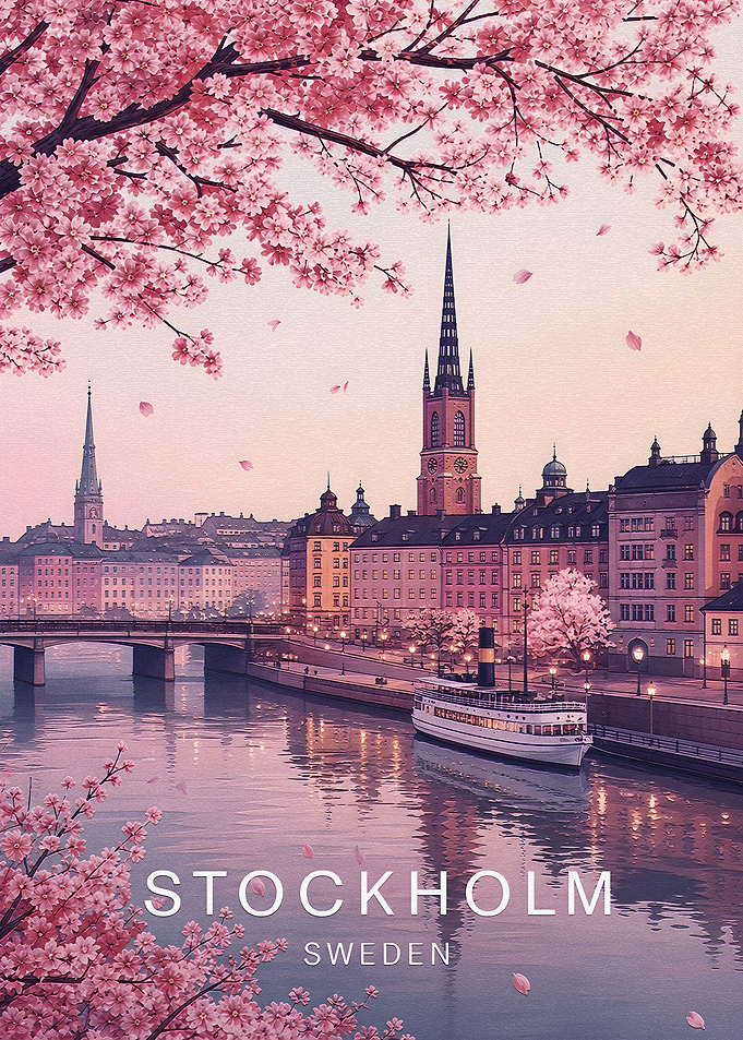 Stockholm Sweden Cherry Blossom Travel Poster
