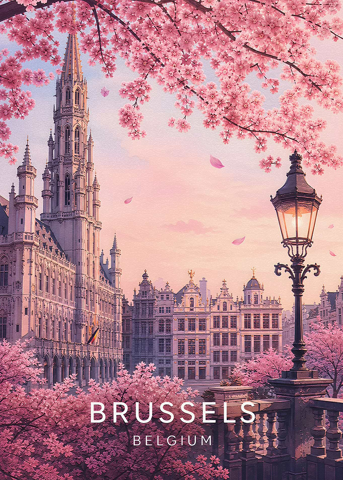 Brussels Belgium Cherry Blossom Cityscape