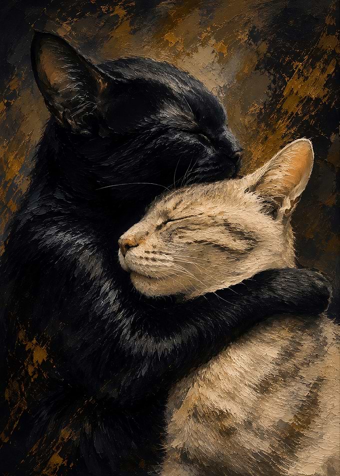 Two Cats Embracing in Oil Painting