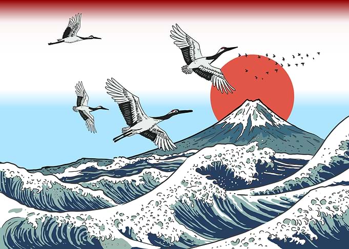 Japanese Cranes Over Mount Fuji