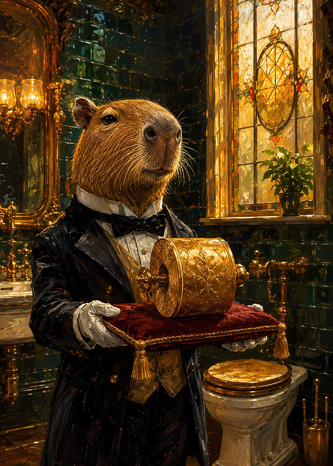 Elegant Capybara Butler with Golden Toilet Paper