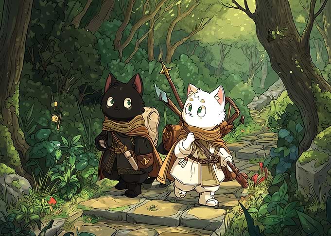 Two Adventuring Cats in Forest