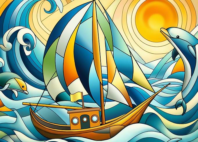 Stained Glass Sailboat and Dolphins
