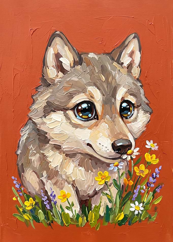 Cute Wolf Pup with Wildflowers Painting