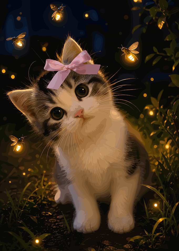Cute Kitten with Fireflies