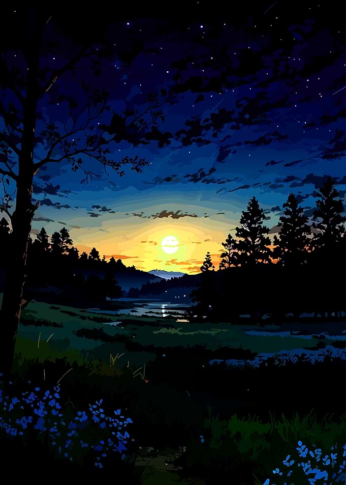 Serene Sunset Over Forest Landscape