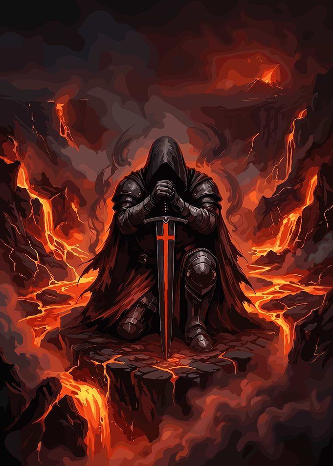 Kneeling Dark Knight in Hellscape