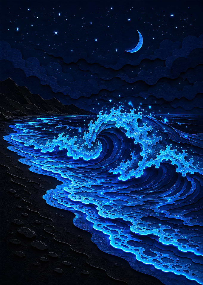 Bioluminescent Glowing Waves Night Papercraft